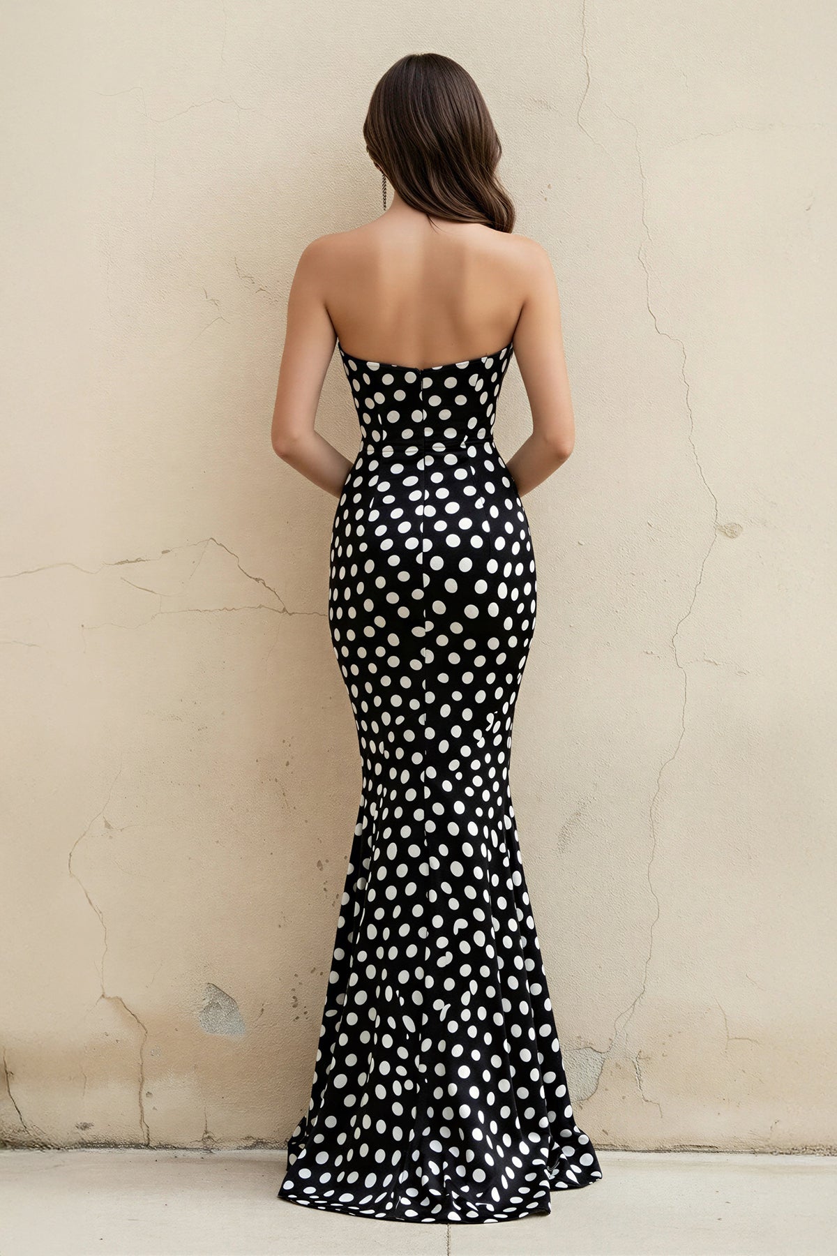 Mermaid Polka Dot Strapless Gown in Black