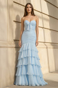 Mermaid Ruffled Prom Gown With Bow in Sky Blue