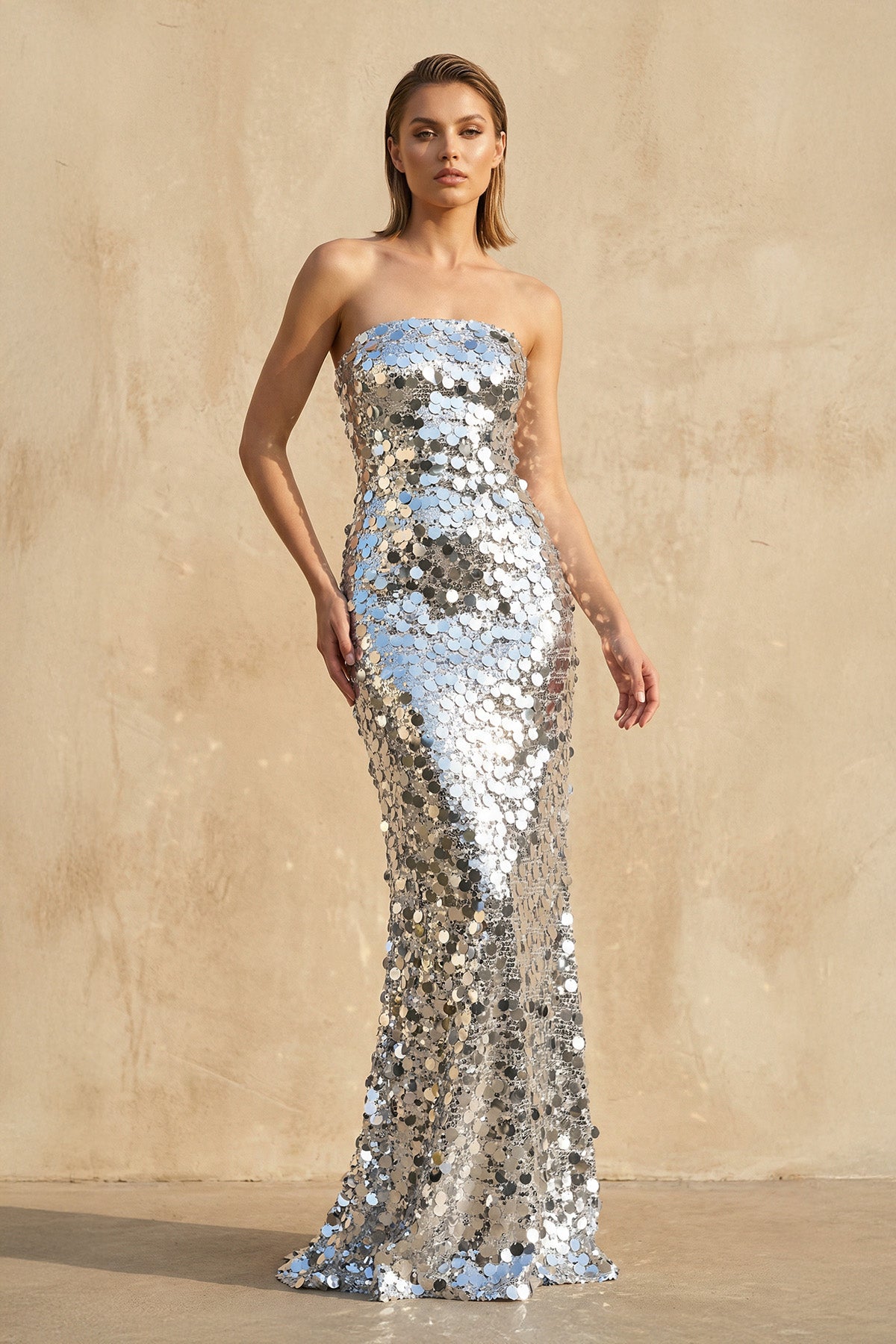 Mermaid Sequins Maxi Dress in Silver