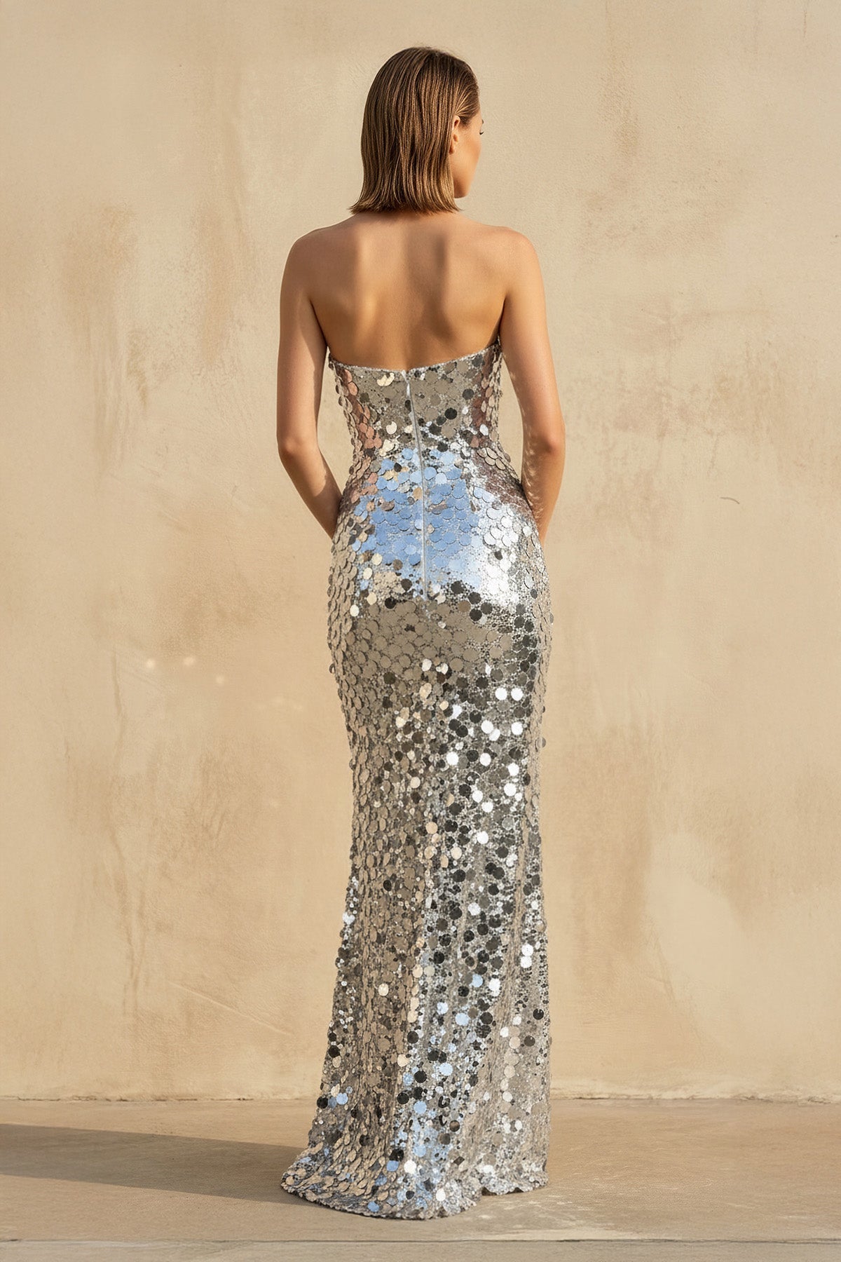 Mermaid Sequins Maxi Dress in Silver