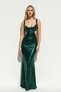 Mermaid Sequins Maxi Dress With Cutout in Emerald Green
