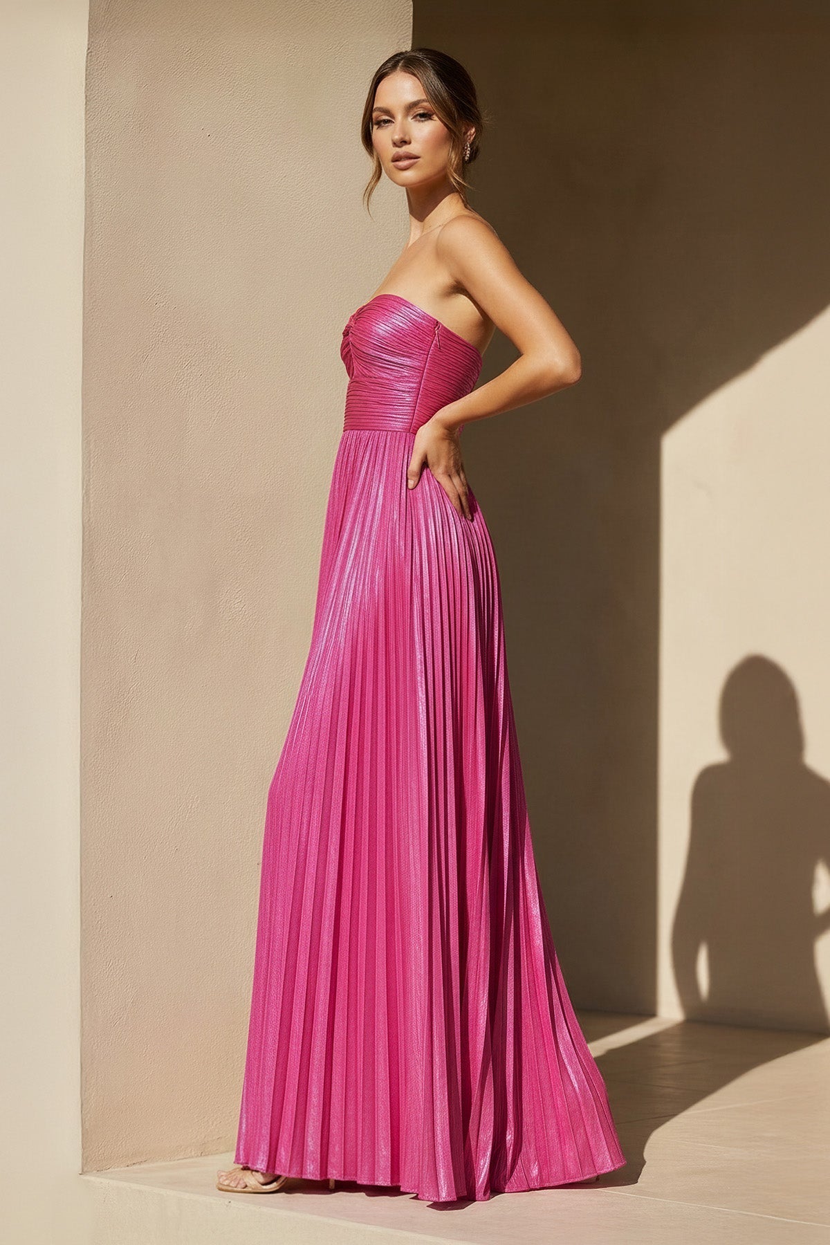 Metallic Pleated Gown With Cutout in Fuchsia