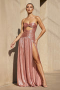 Metallic Pleated Gown With Cutout in Rose Gold