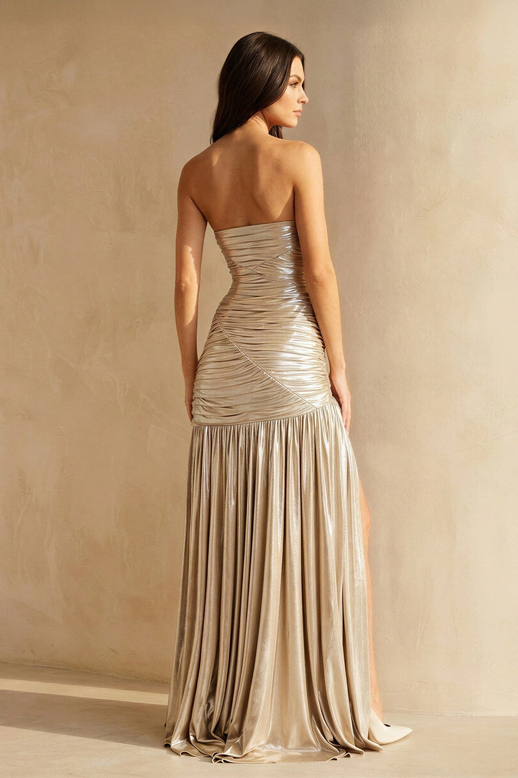 Metallic Pleated Maxi Dress With Slit in Champagne