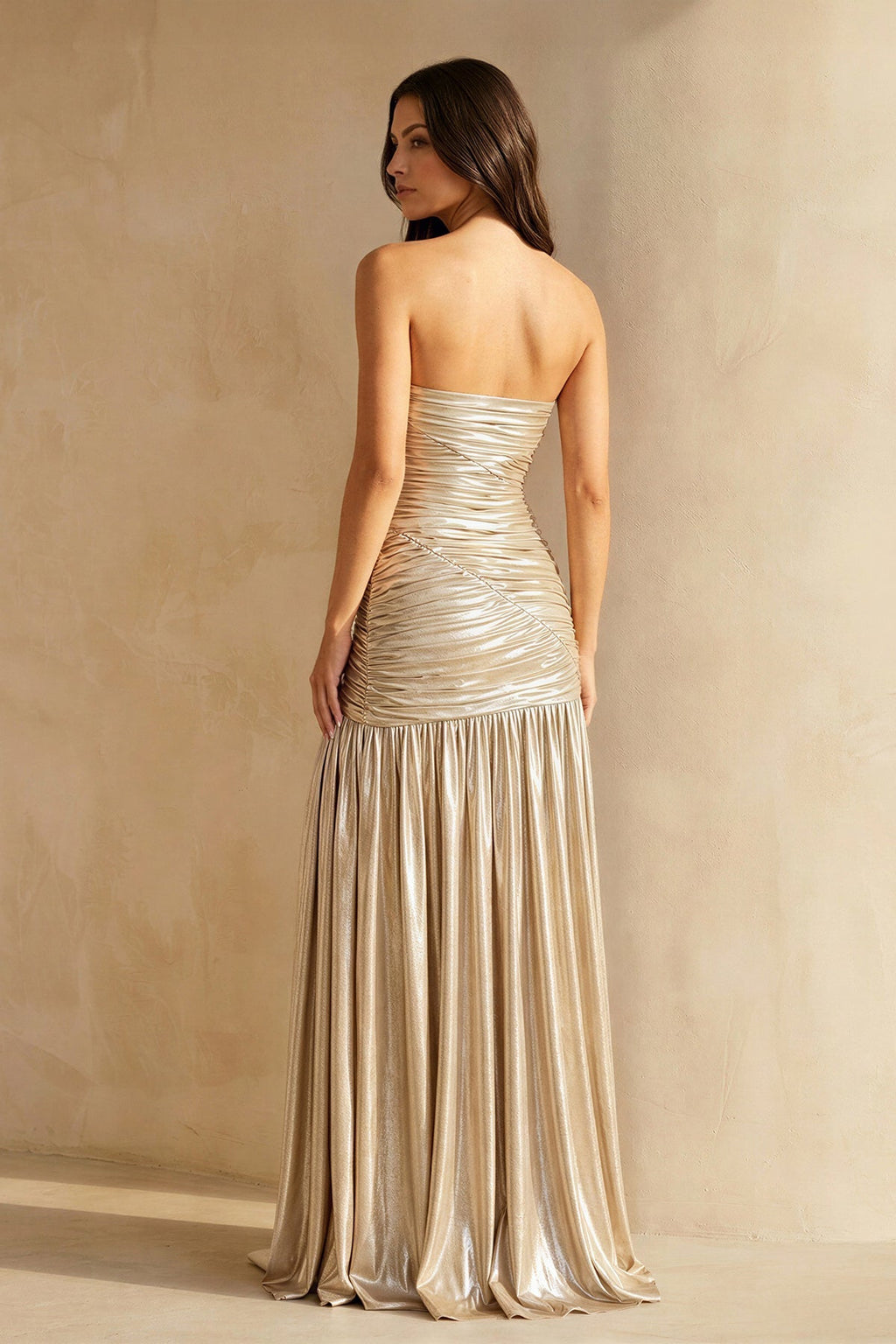 Metallic Pleated Maxi Dress With Slit in Champagne