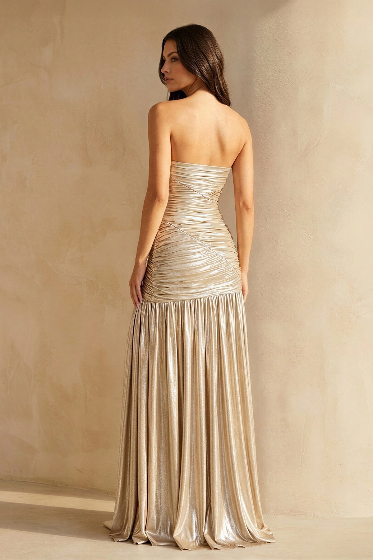 Metallic Pleated Maxi Dress With Slit in Champagne