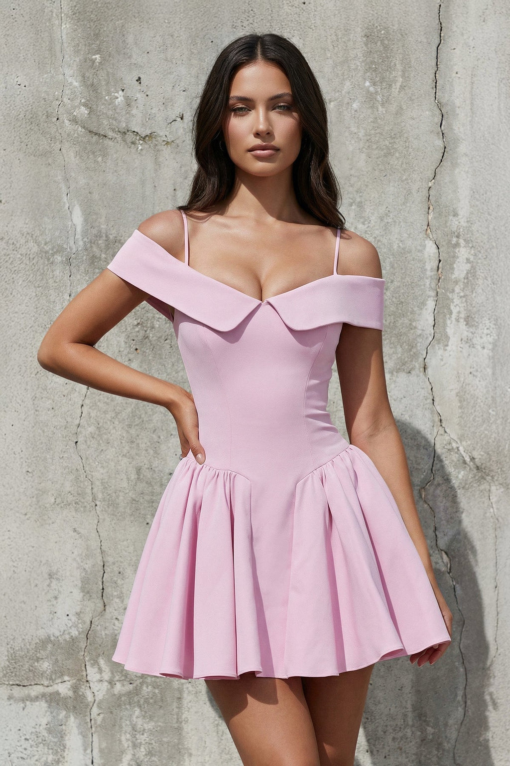 Off The Shoulder A-Line Mini Dress in Pink