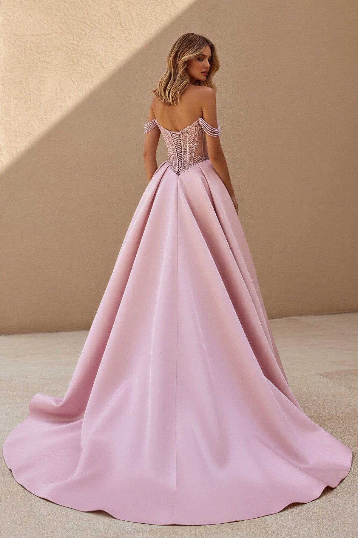 Off The Shoulder Beaded Prom Dress With Slit in Pink