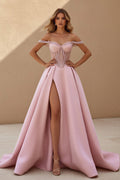 Off The Shoulder Beaded Prom Dress With Slit in Pink