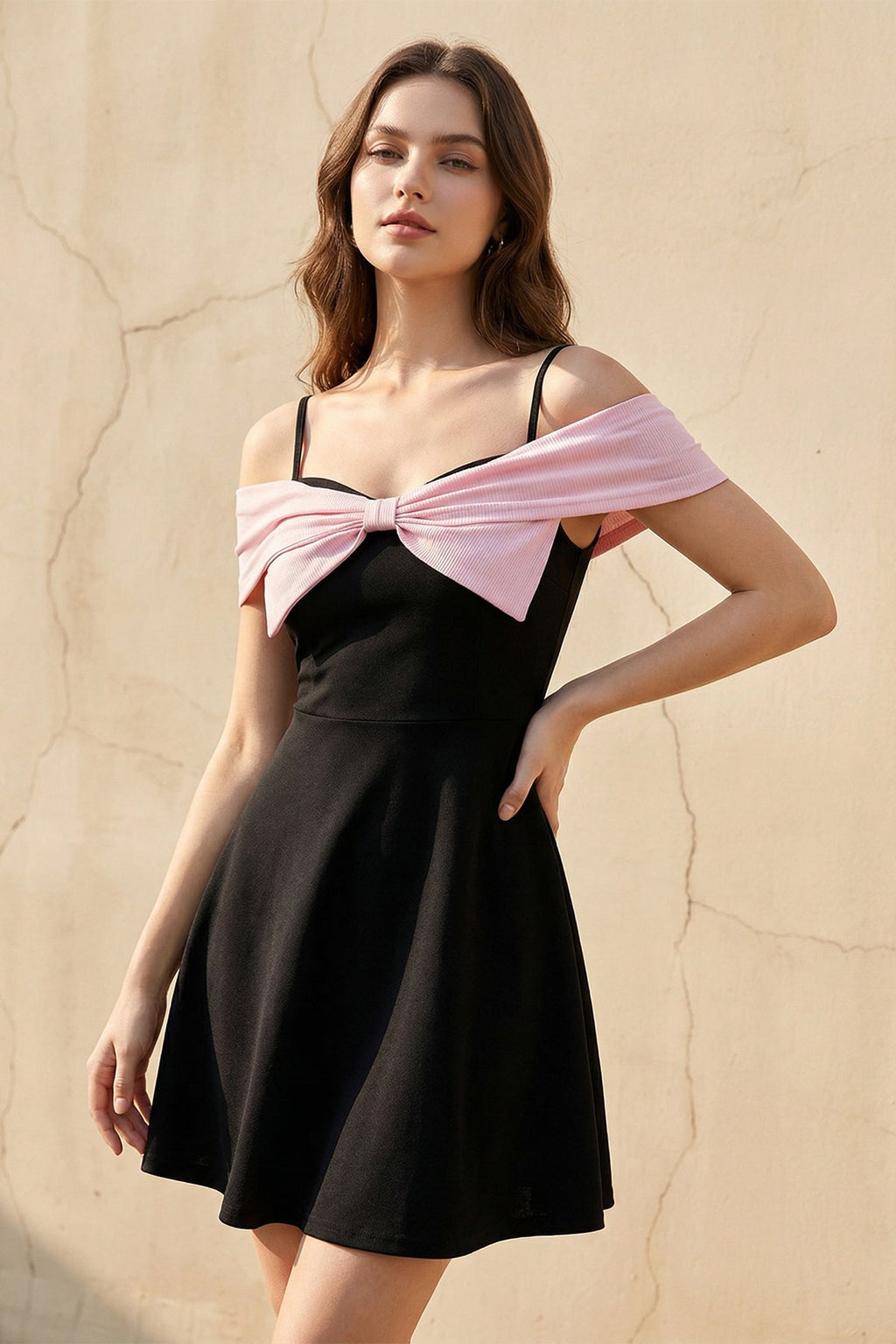Off The Shoulder Bow Mini Dress in Black and Pink