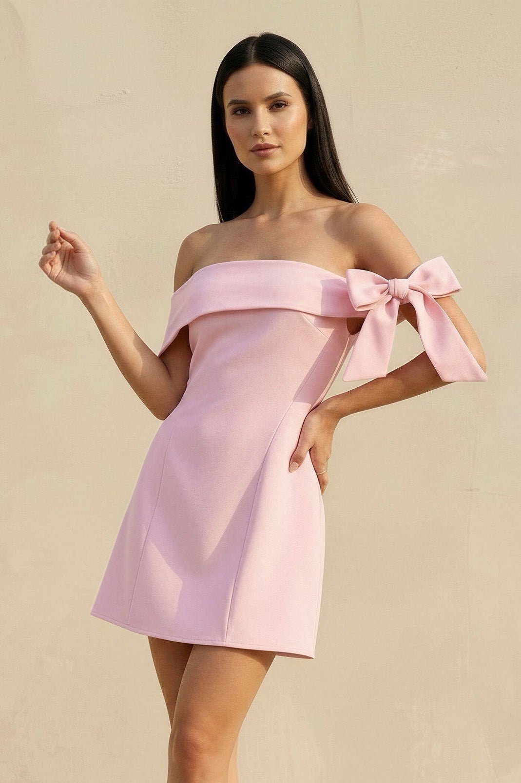 Off The Shoulder Bow Mini Dress in Pink