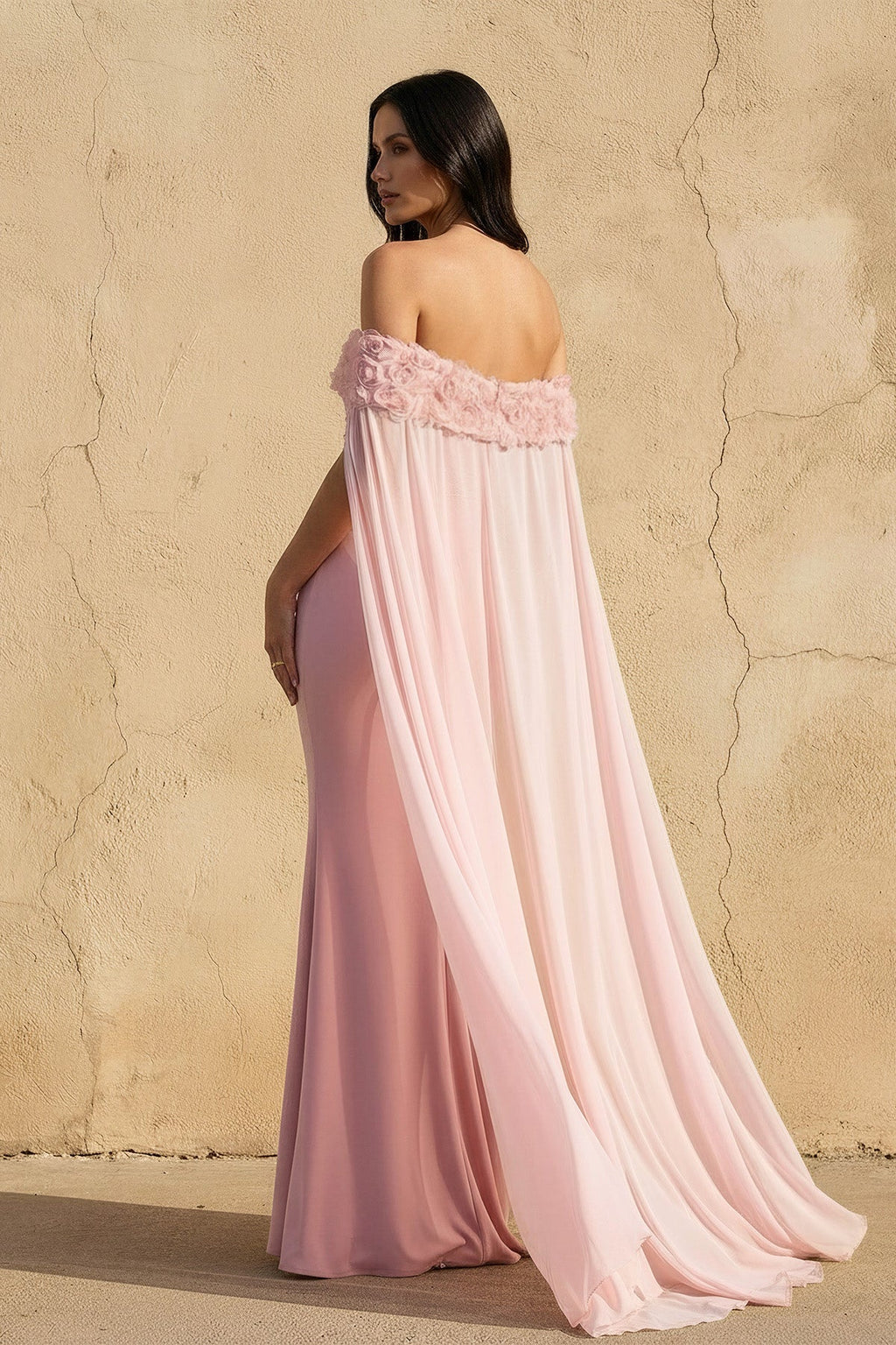 Off The Shoulder Floral Cape Gown in Pink