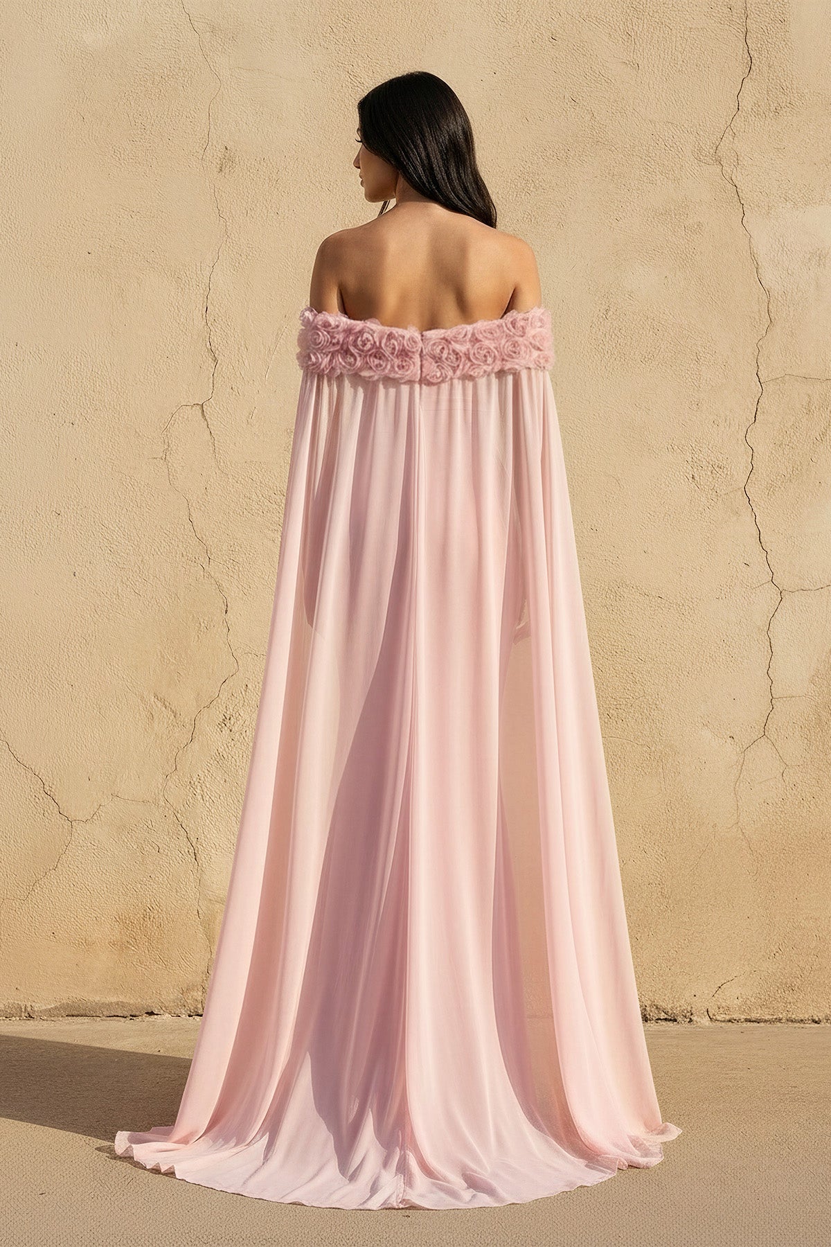Off The Shoulder Floral Cape Gown in Pink