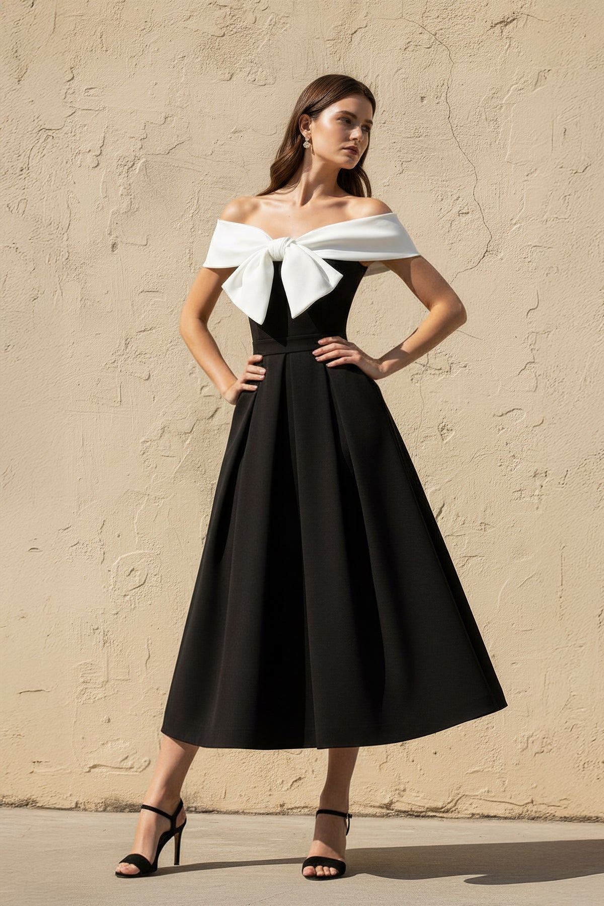Off The Shoulder Midi Dress With Bow in Black and White