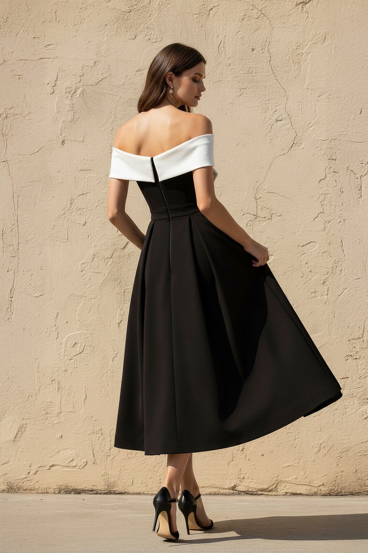 Off The Shoulder Midi Dress With Bow in Black and White