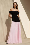 Off The Shoulder Pleated Maxi Dress in Black and Pink