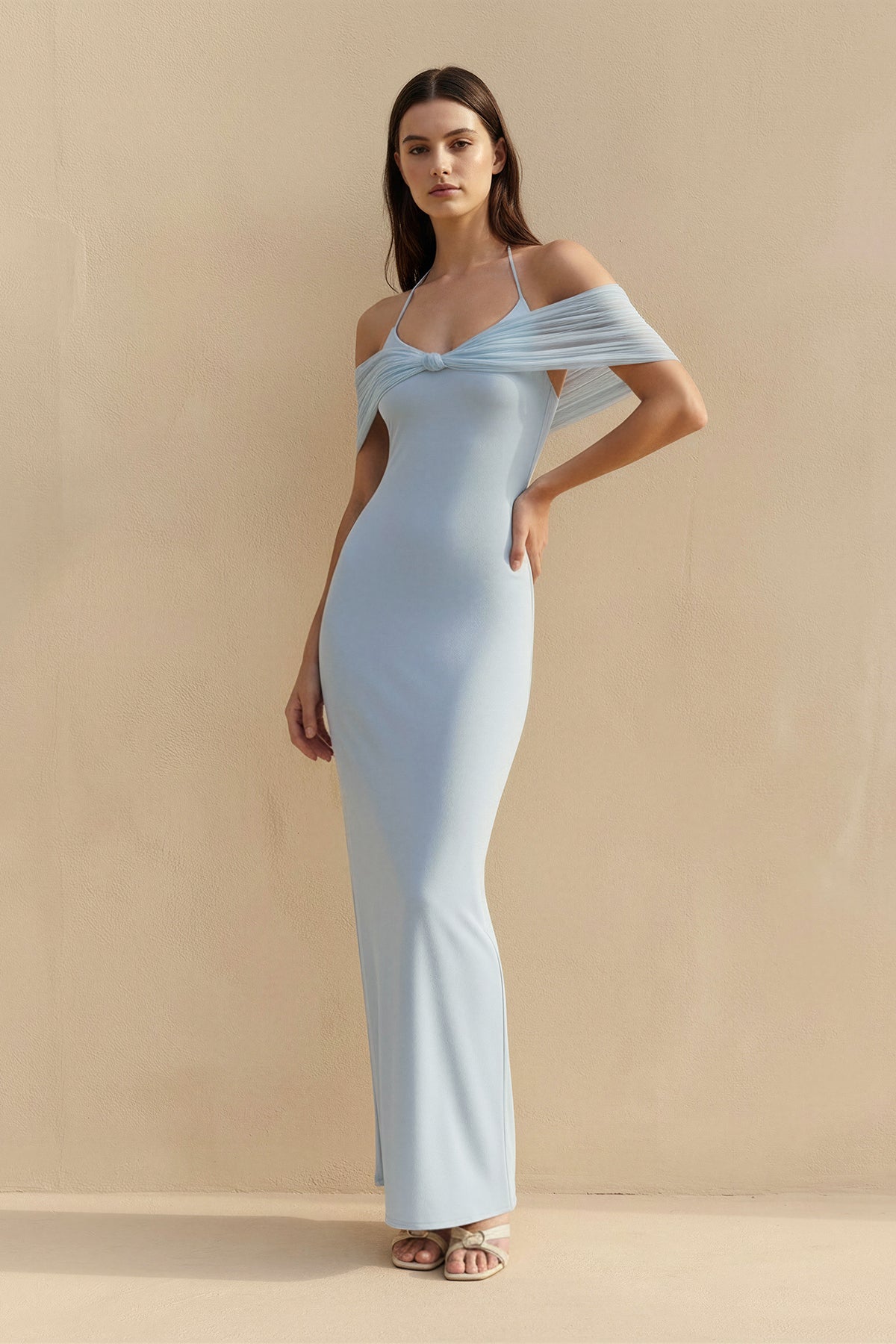 Off The Shoulder Pleated Maxi Dress in Sky Blue