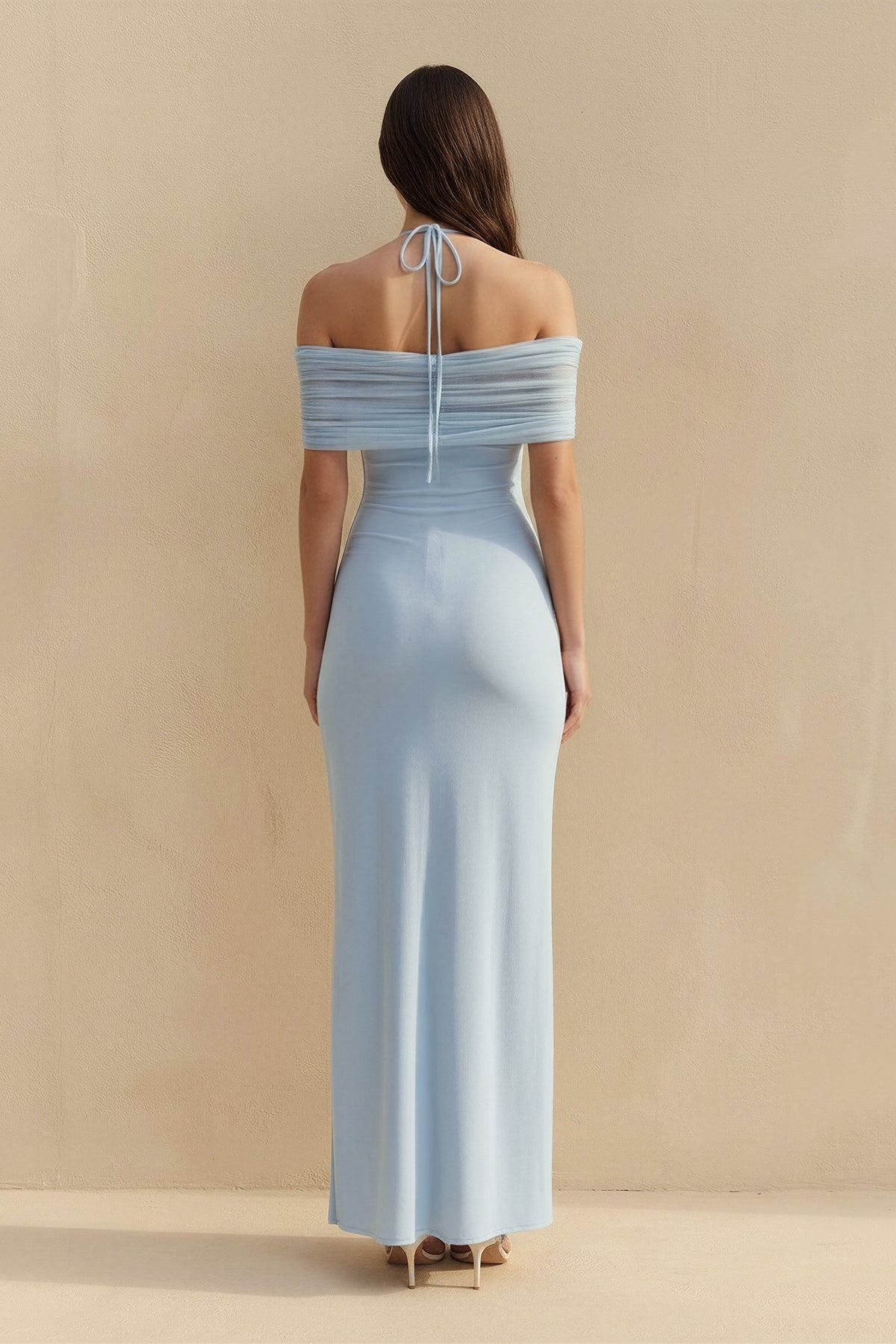 Off The Shoulder Pleated Maxi Dress in Sky Blue