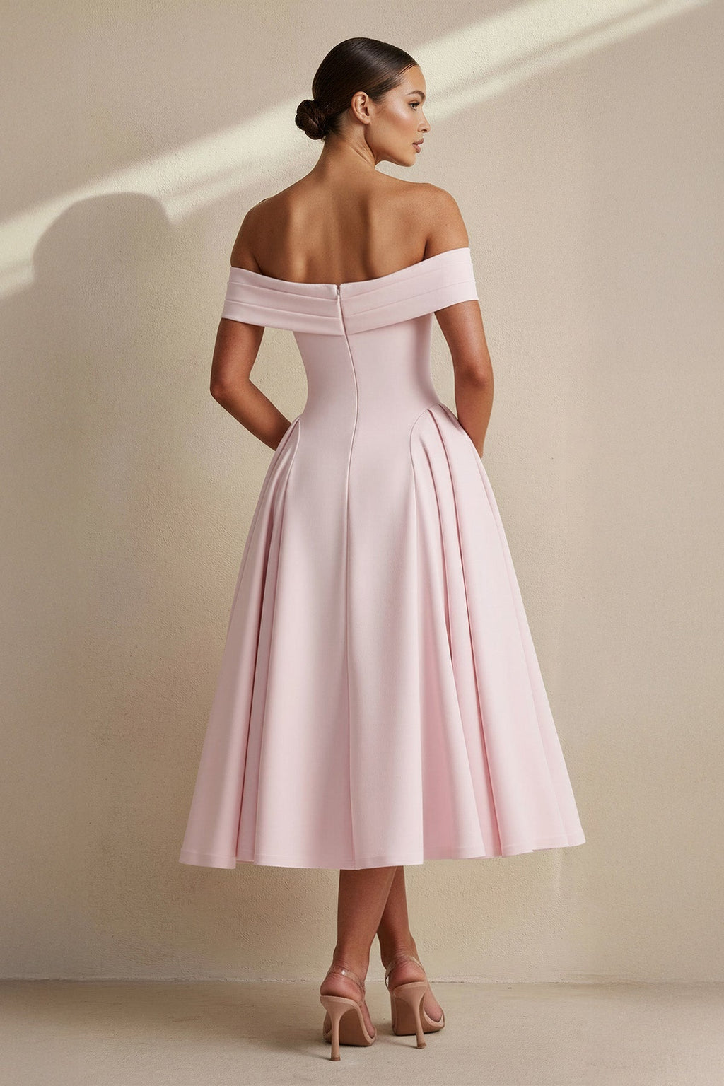 Off The Shoulder Pleated Midi Dress in Pink