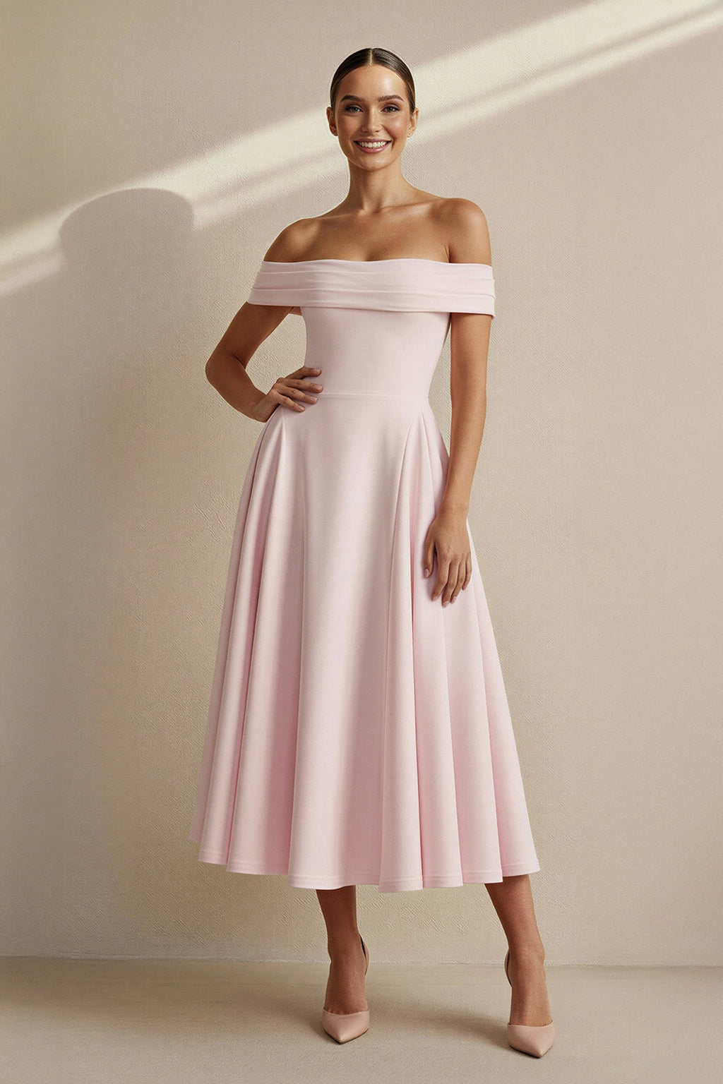 Off The Shoulder Pleated Midi Dress in Pink
