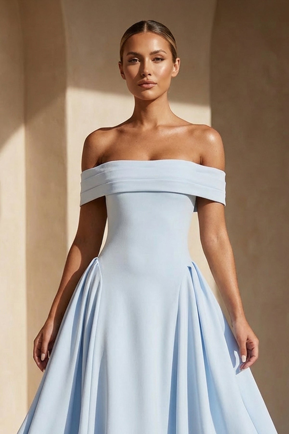 Off The Shoulder Pleated Midi Dress in Sky Blue
