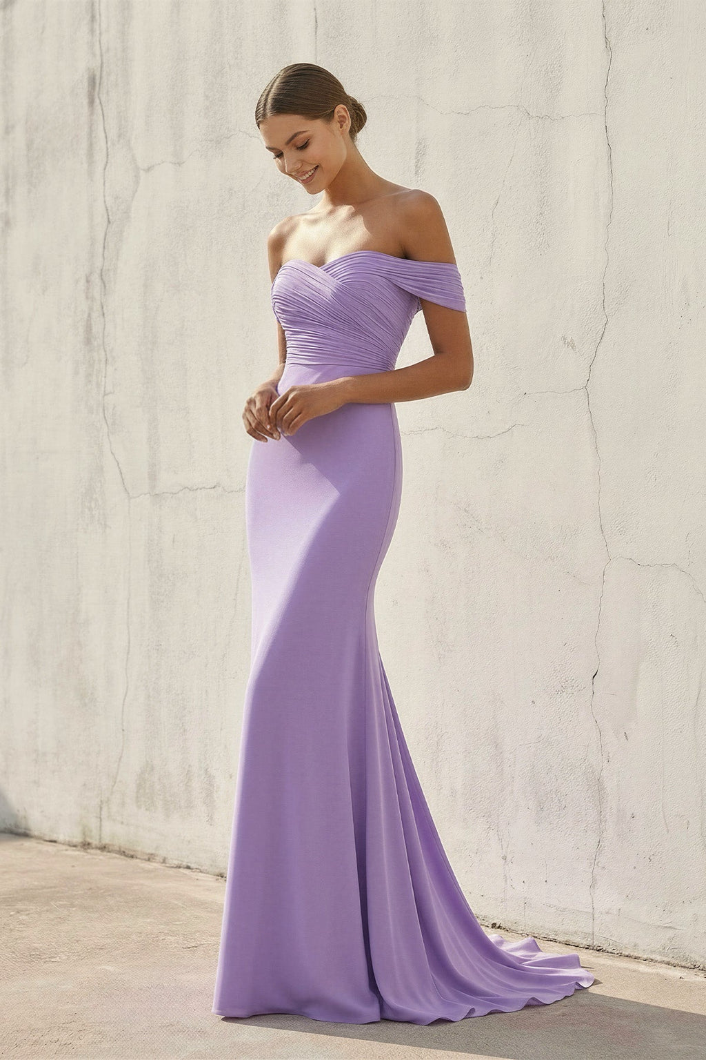 Off The Shoulder Ruched Prom Dress in Lavender