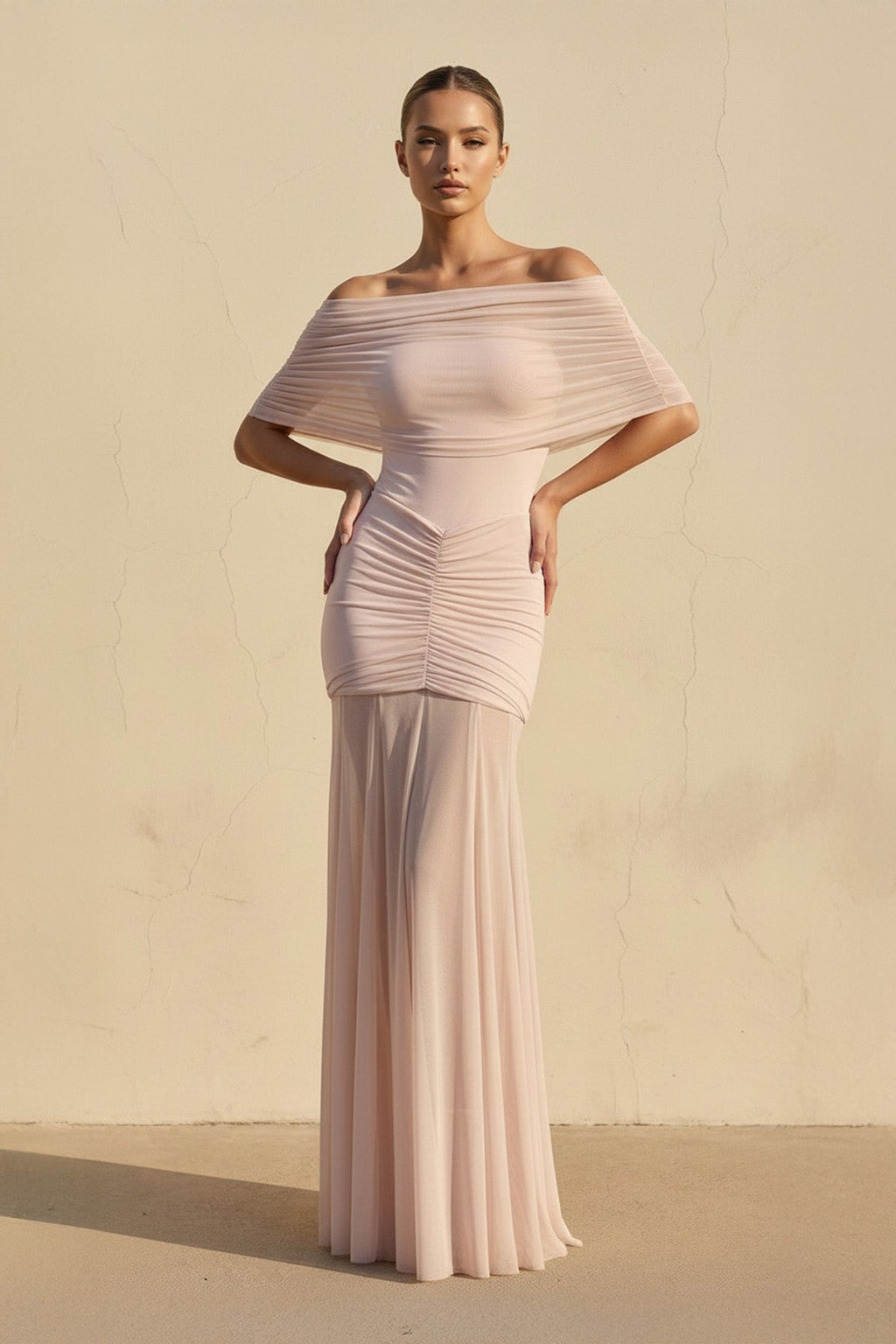 Off The Shoulder Ruched Maxi Dress in Blush