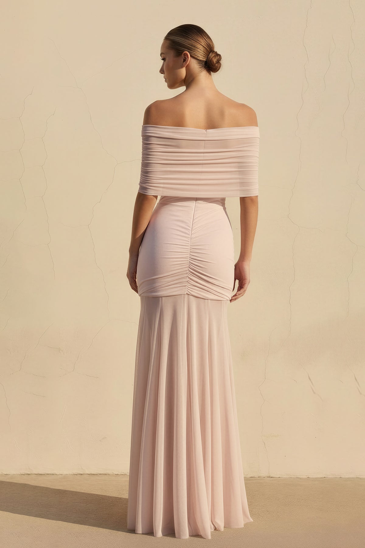Off The Shoulder Ruched Maxi Dress in Blush