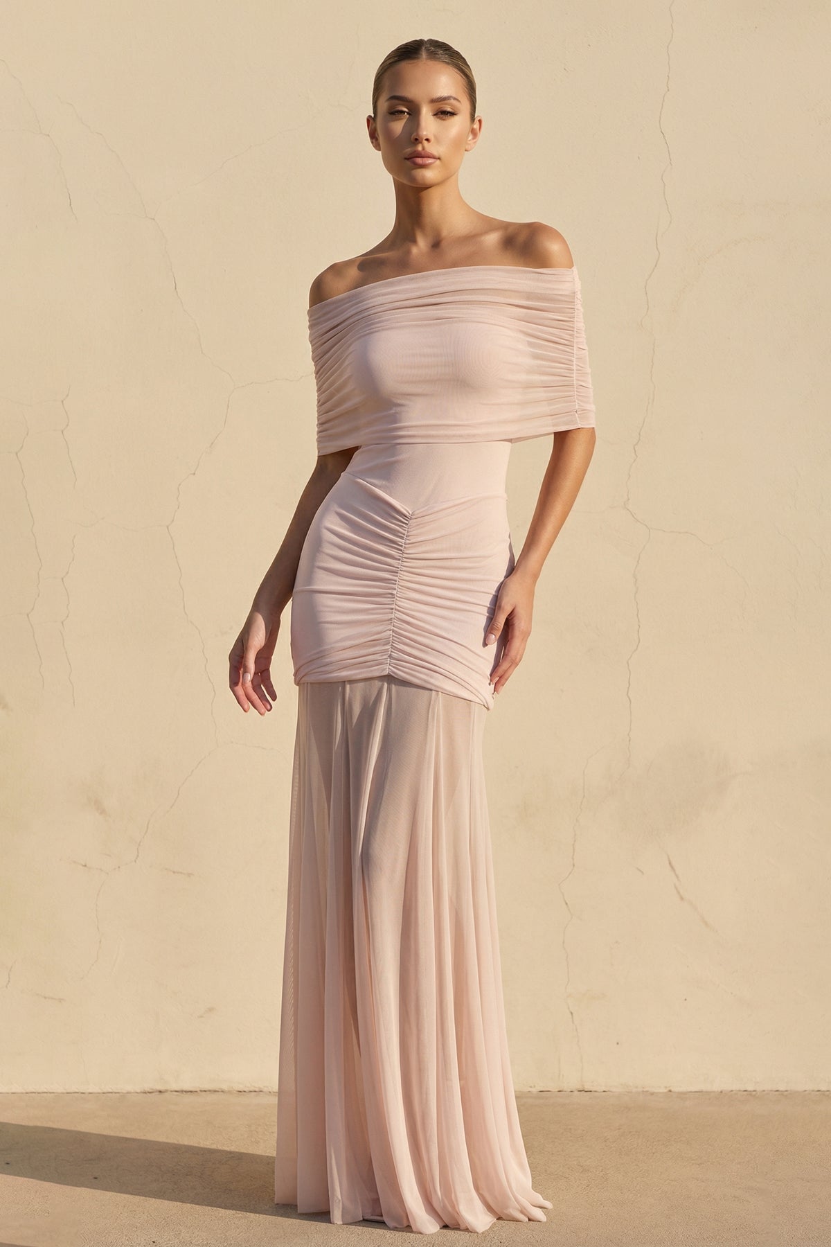 Off The Shoulder Ruched Maxi Dress in Blush