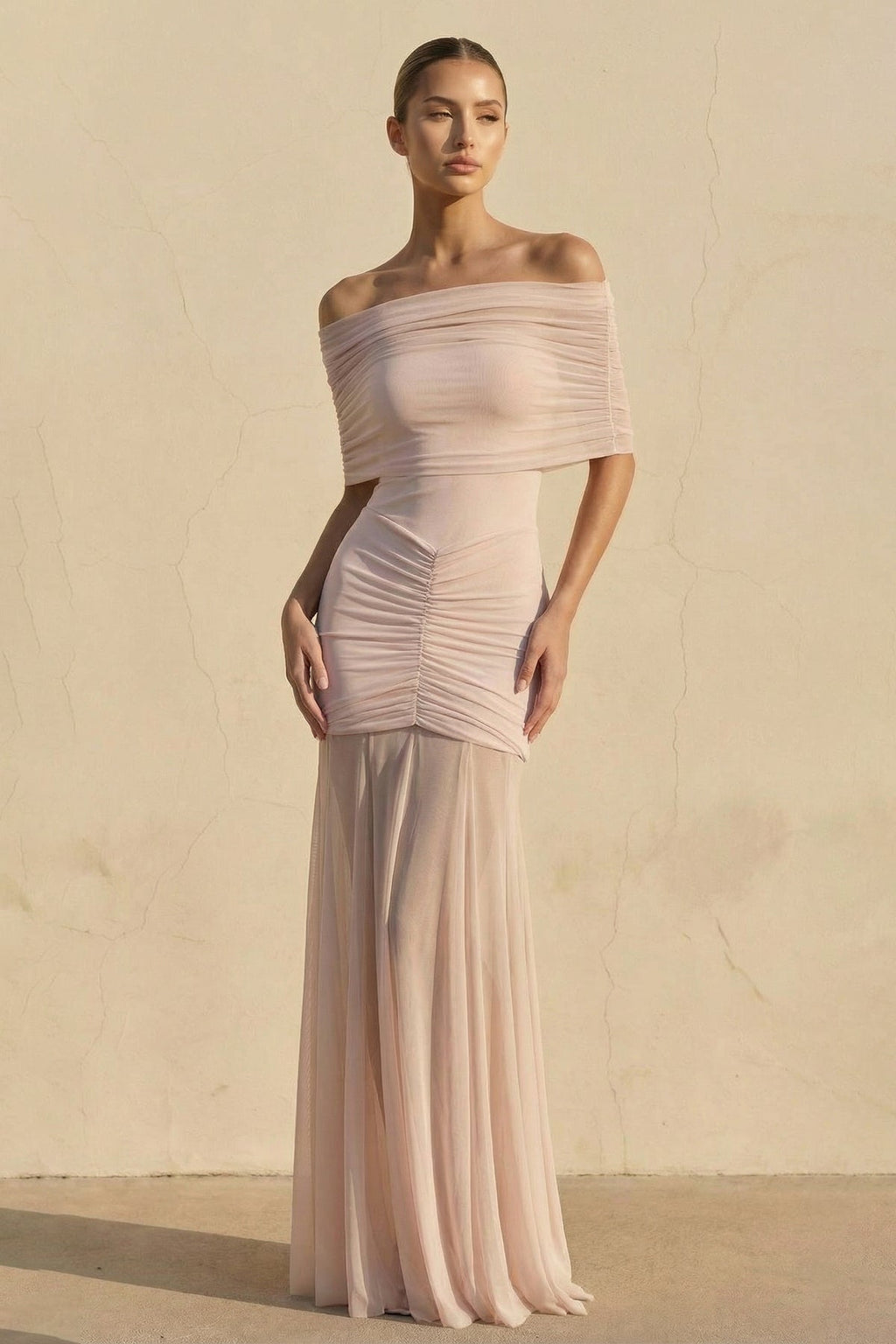 Off The Shoulder Ruched Maxi Dress in Blush