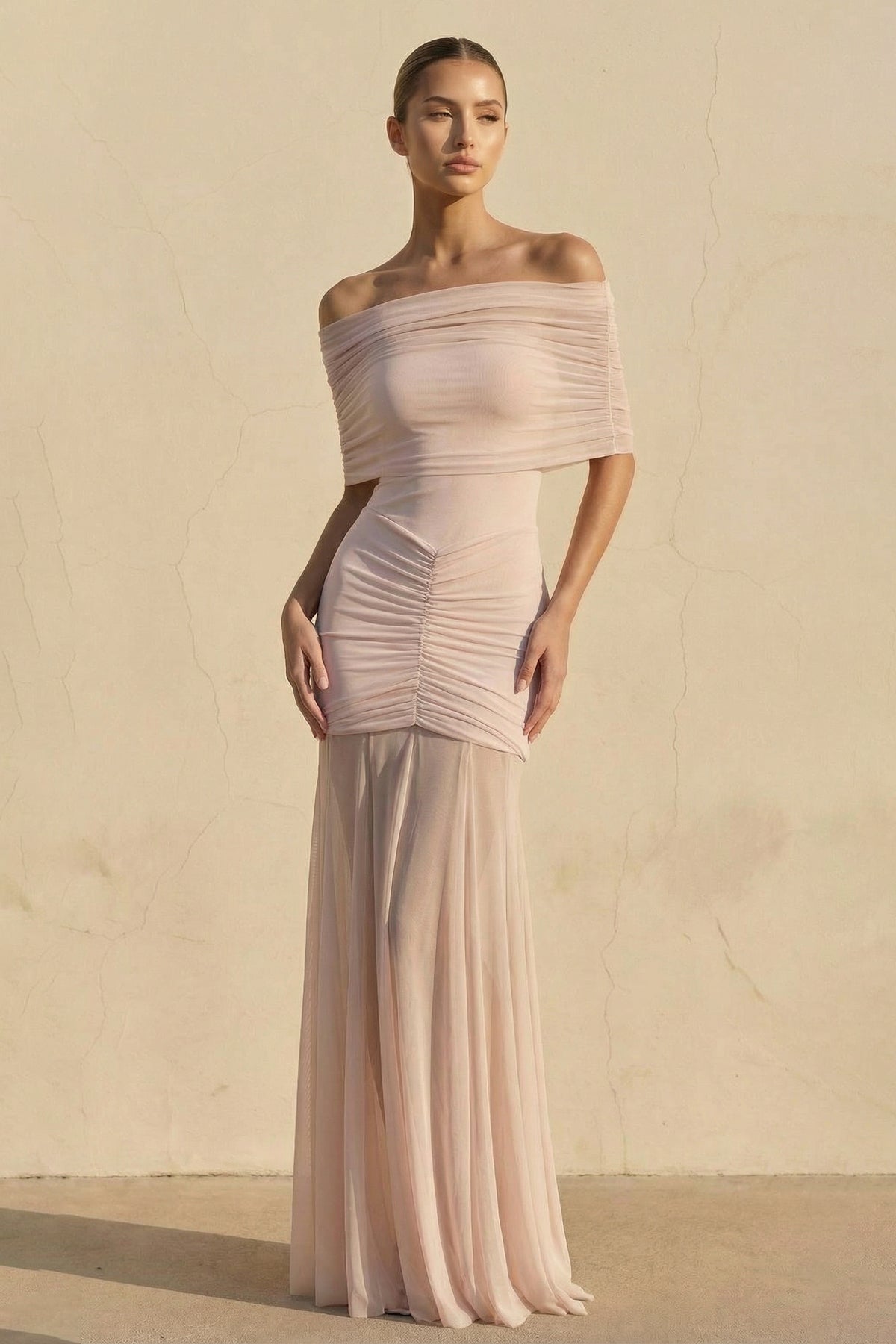 Off The Shoulder Ruched Maxi Dress in Blush