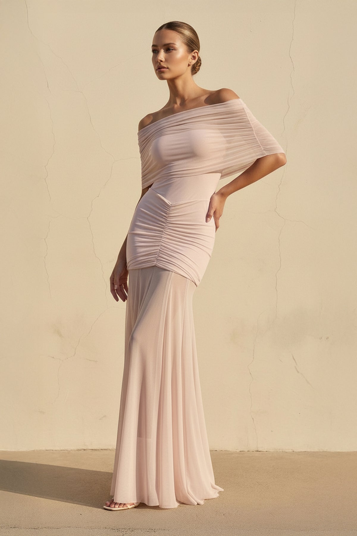 Off The Shoulder Ruched Maxi Dress in Blush