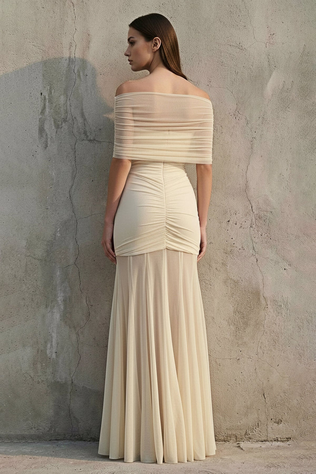 Off The Shoulder Ruched Maxi Dress in Champagne