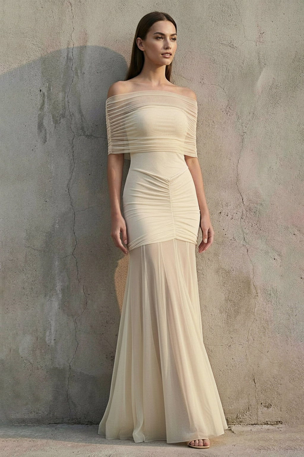 Off The Shoulder Ruched Maxi Dress in Champagne