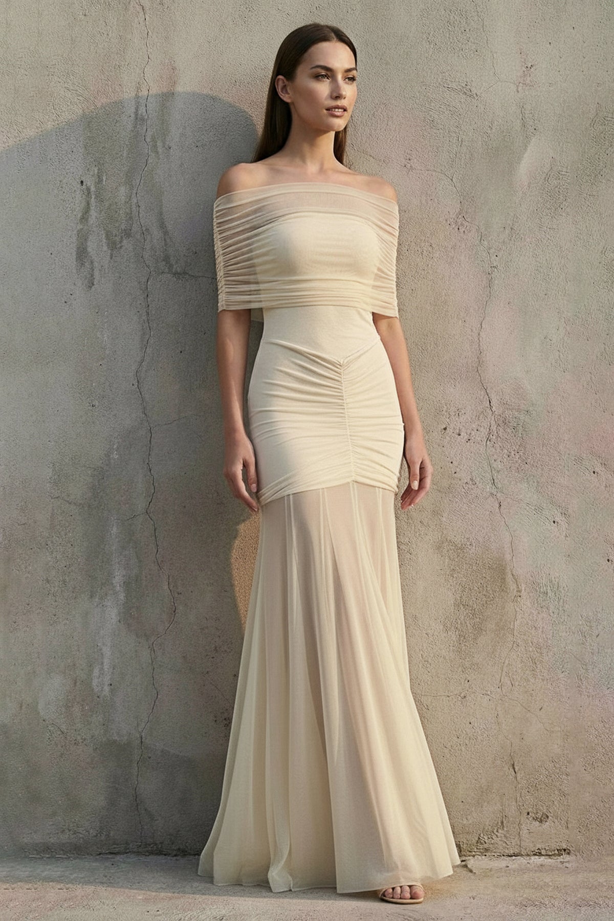 Off The Shoulder Ruched Maxi Dress in Champagne