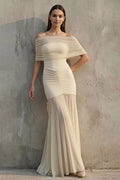 Off The Shoulder Ruched Maxi Dress in Champagne