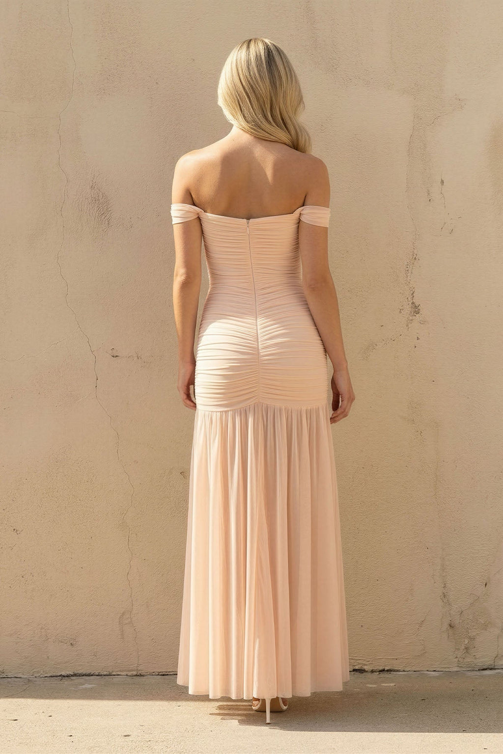 Off The Shoulder Ruched Maxi Dress in Peach