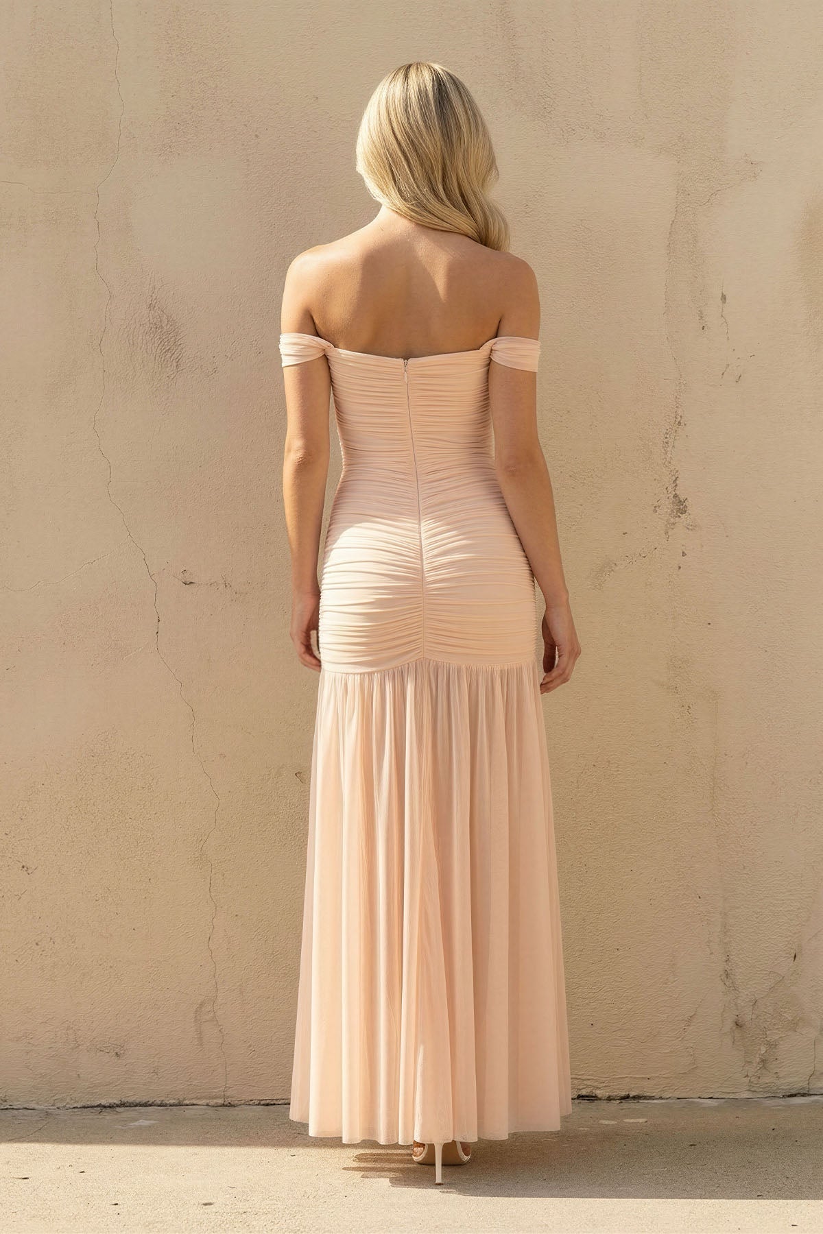 Off The Shoulder Ruched Maxi Dress in Peach