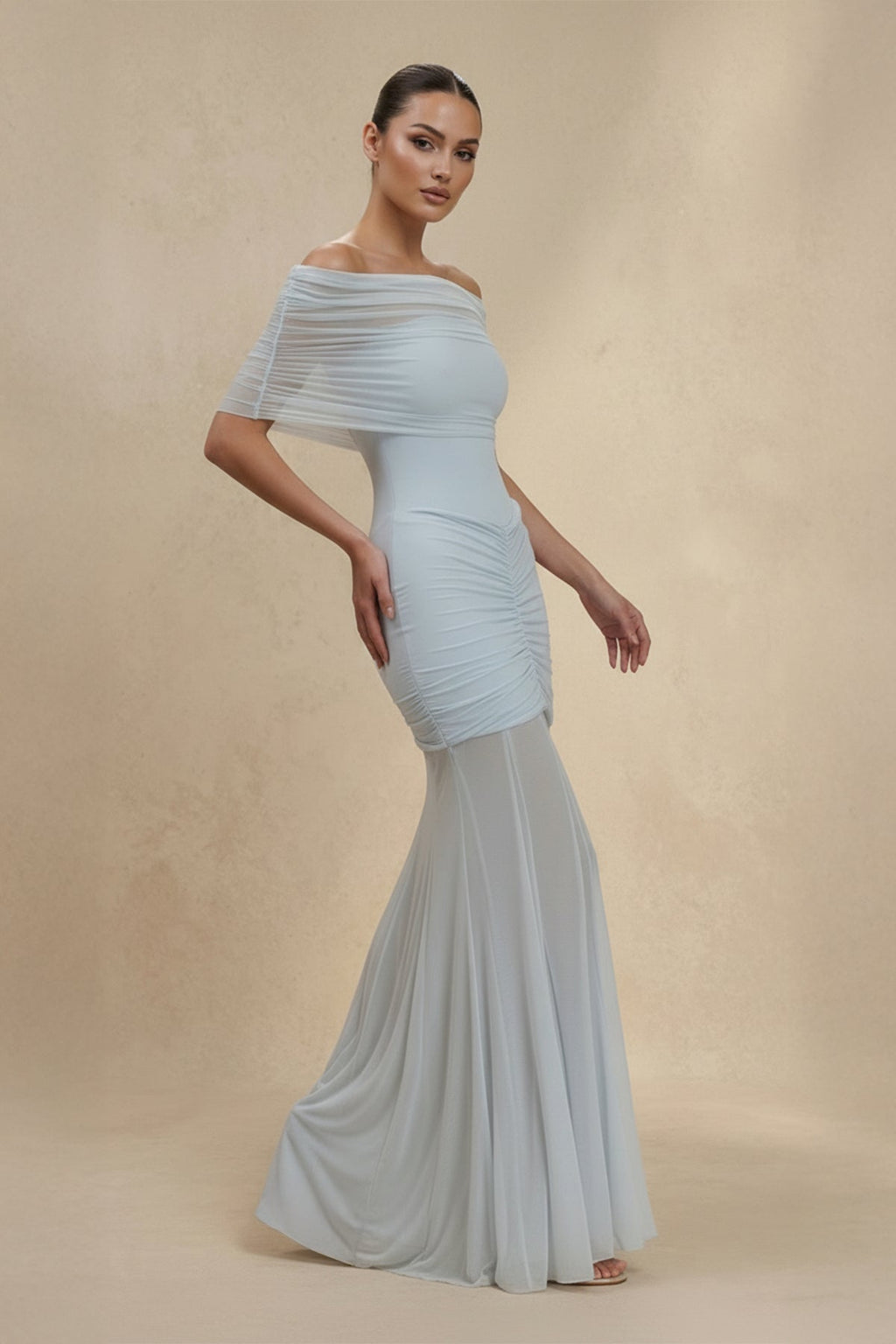 Off The Shoulder Ruched Maxi Dress in Sky Blue