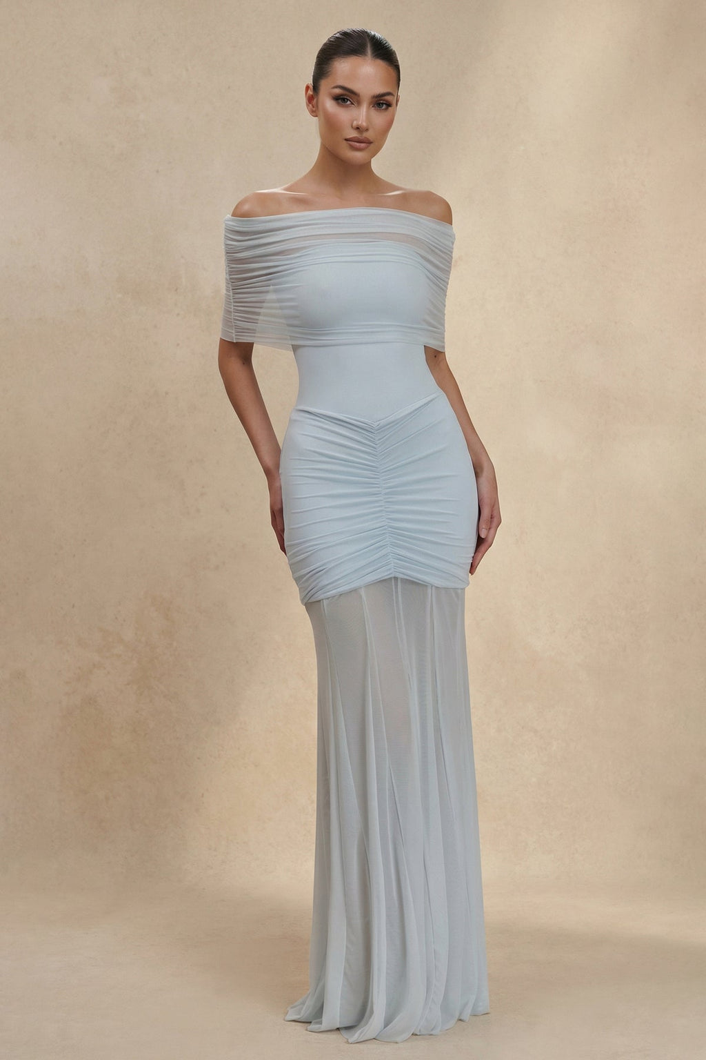 Off The Shoulder Ruched Maxi Dress in Sky Blue