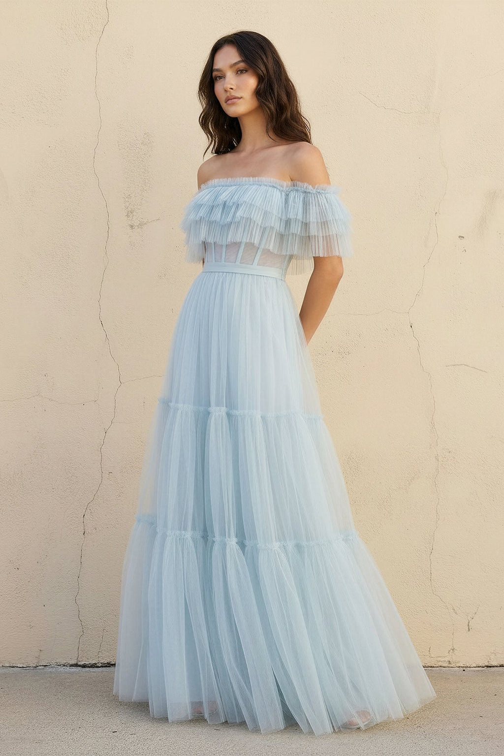 Off The Shoulder Ruffled Gown in Sky Blue