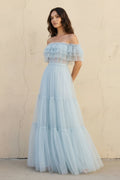 Off The Shoulder Ruffled Gown in Sky Blue