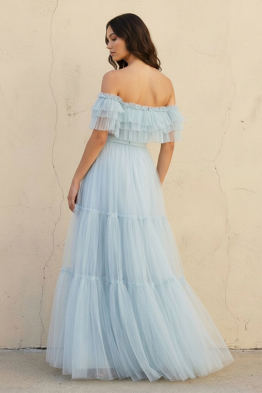 Off The Shoulder Ruffled Gown in Sky Blue