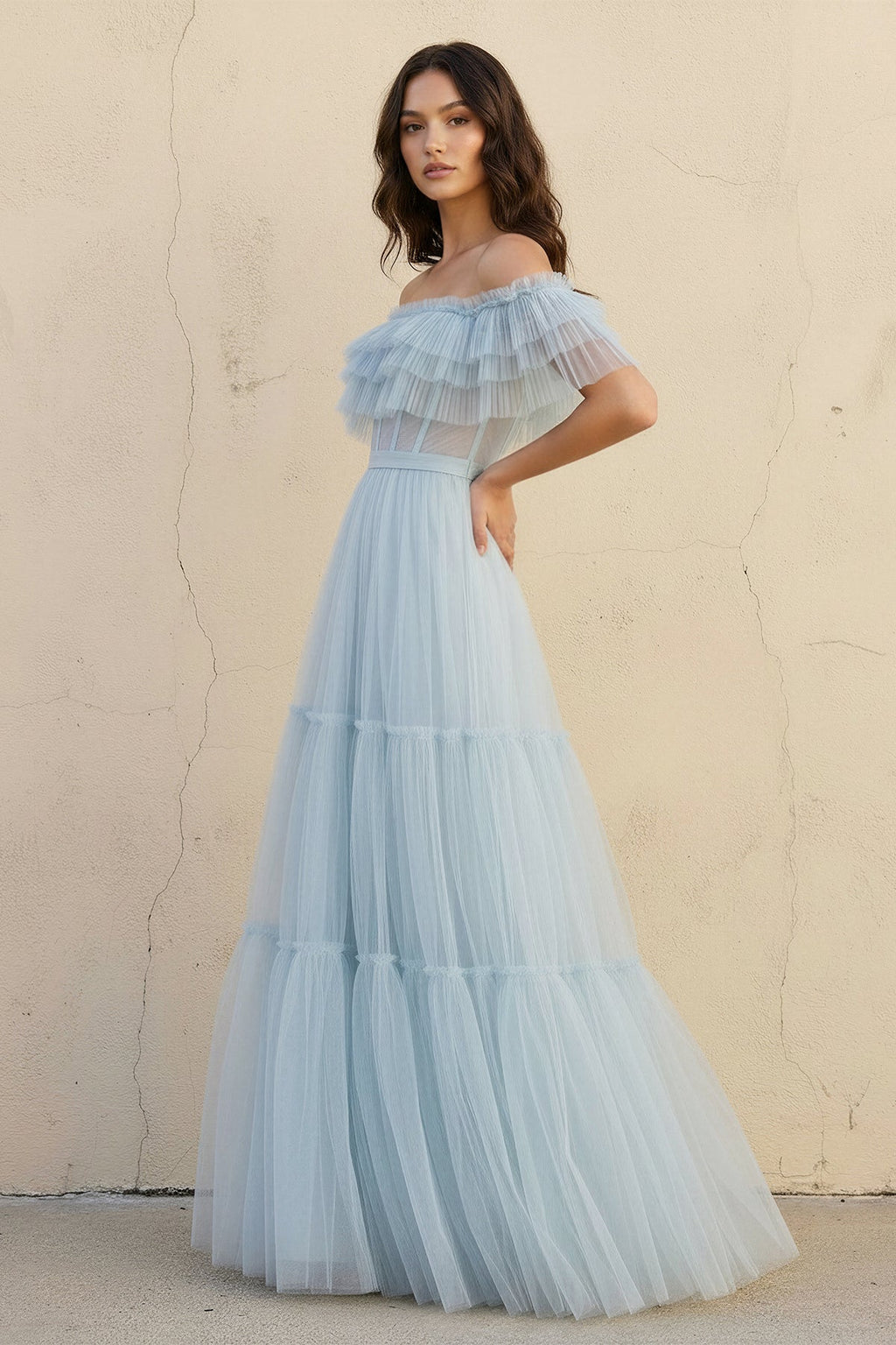 Off The Shoulder Ruffled Gown in Sky Blue