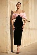 Off The Shoulder Velvet Midi Dress With Bow in Black and Pink