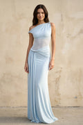 One Shoulder Draped Maxi Dress in Sky Blue