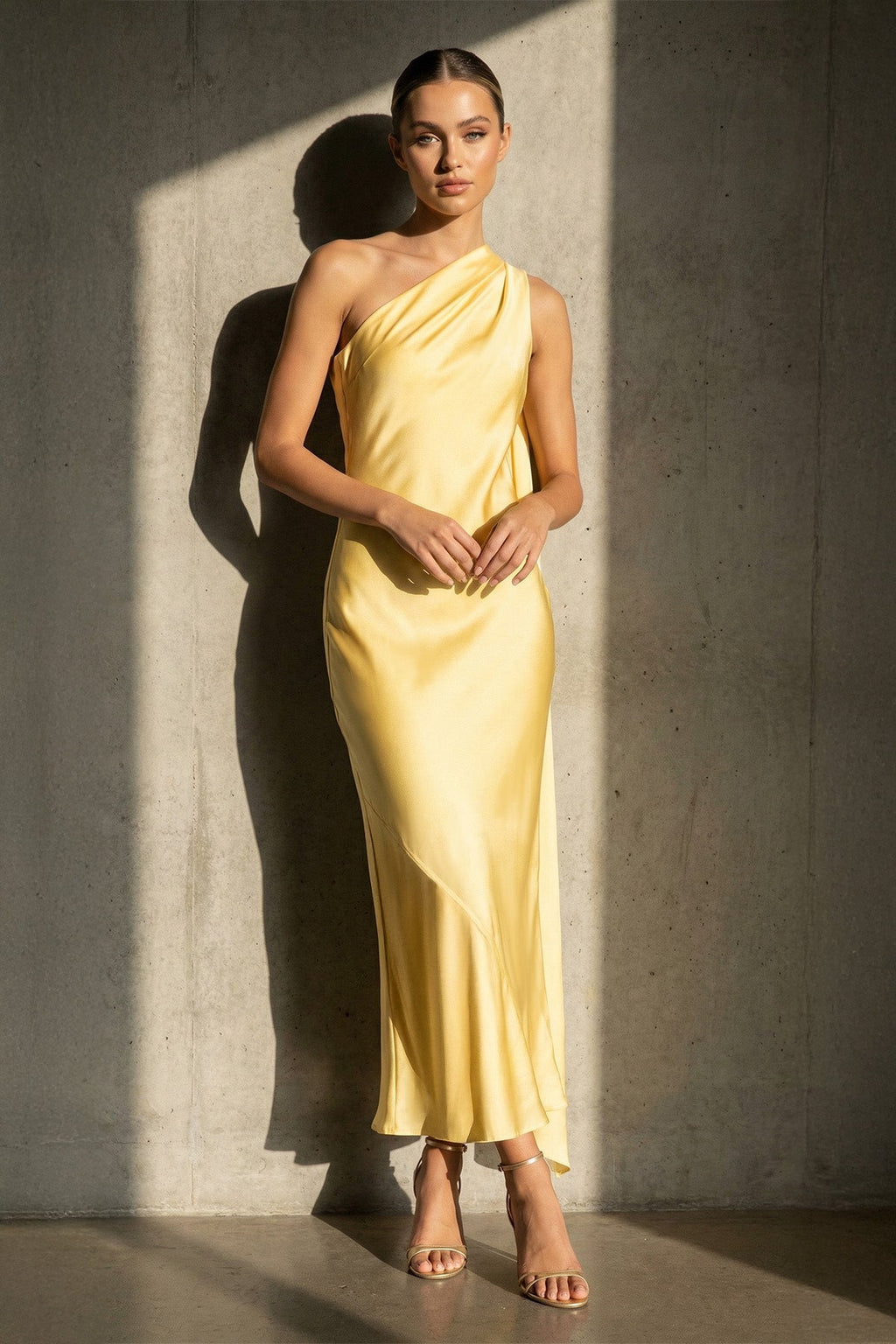 One Shoulder Draped Maxi Dress in Yellow