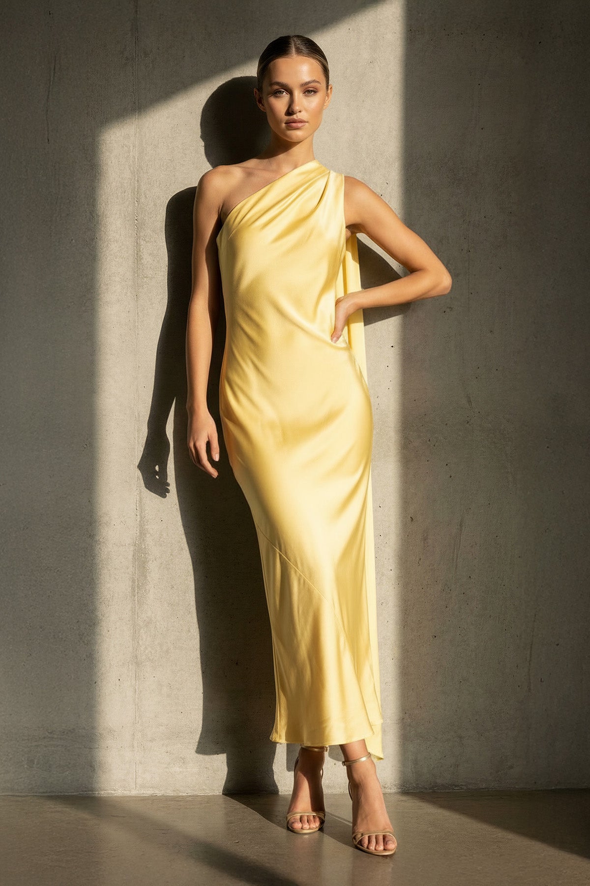 One Shoulder Draped Maxi Dress in Yellow