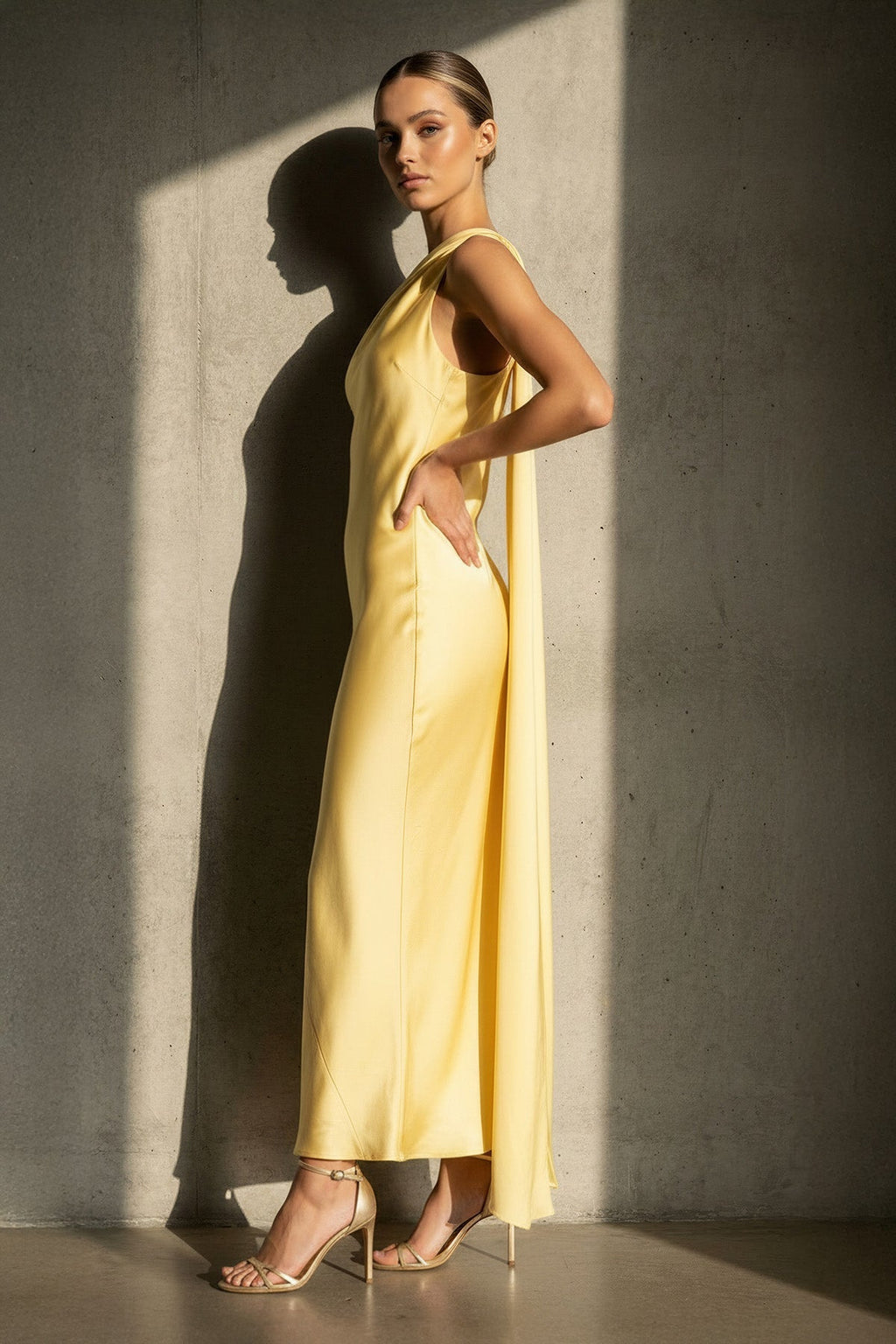 One Shoulder Draped Maxi Dress in Yellow