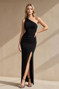 One Shoulder Maxi Dress With Slit in Black